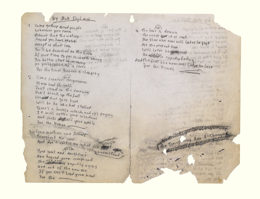 Handwritten Bob Dylan lyrics